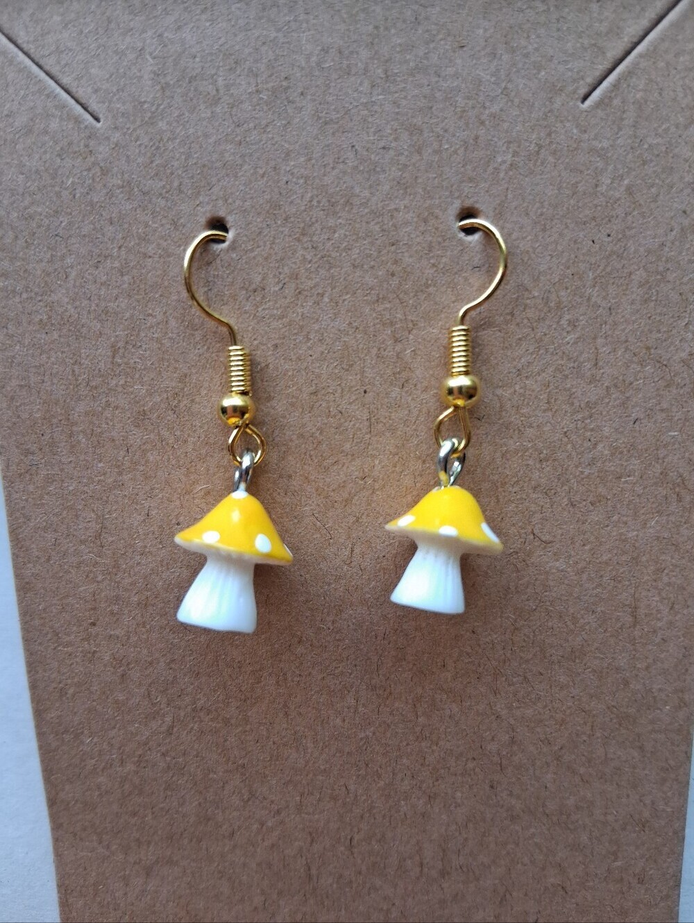 Hand Crafted Yellow & White Mushroom Drop Earrings with Gold Hooks